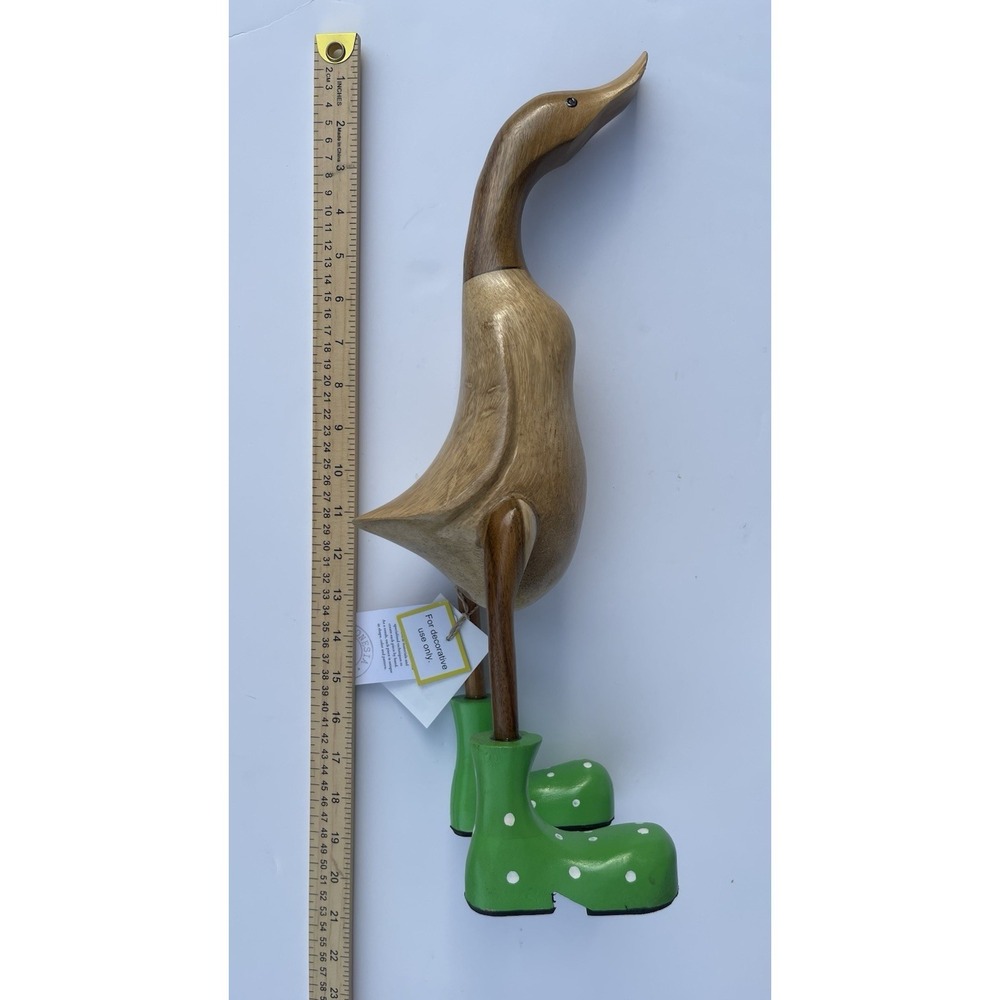 Pair of Hand Carved Wooden Ducks with Green Polka Dot Boots Farmhouse Decor Set - Picture 4 of 6